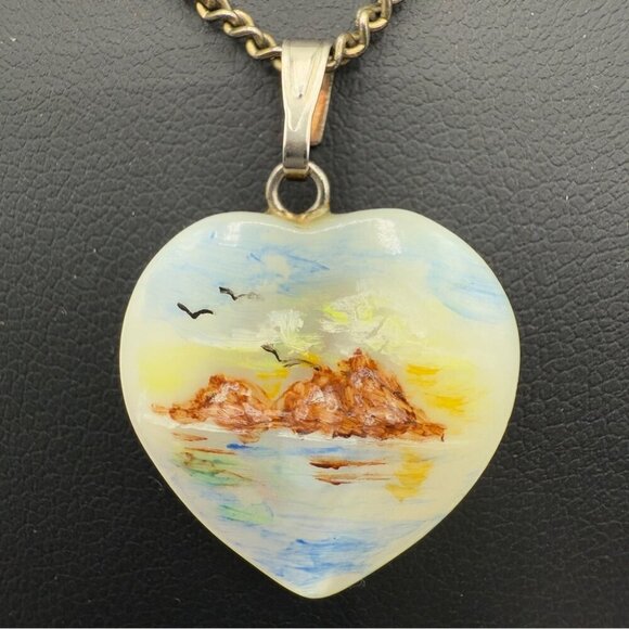 Artisan Handpainted Moonstone Heart Pendant Necklace - Picture 4 of 9